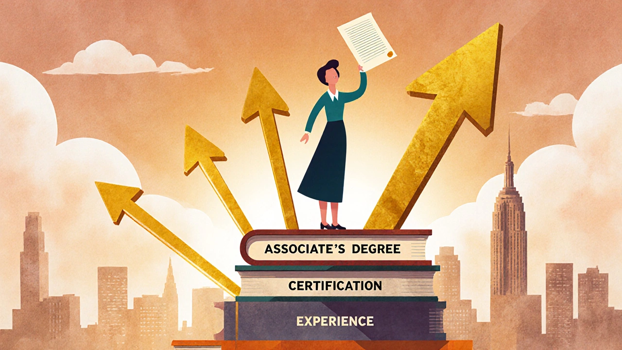 Assistant studying at a desk, holding a certification document, with upward arrows indicating career growth.