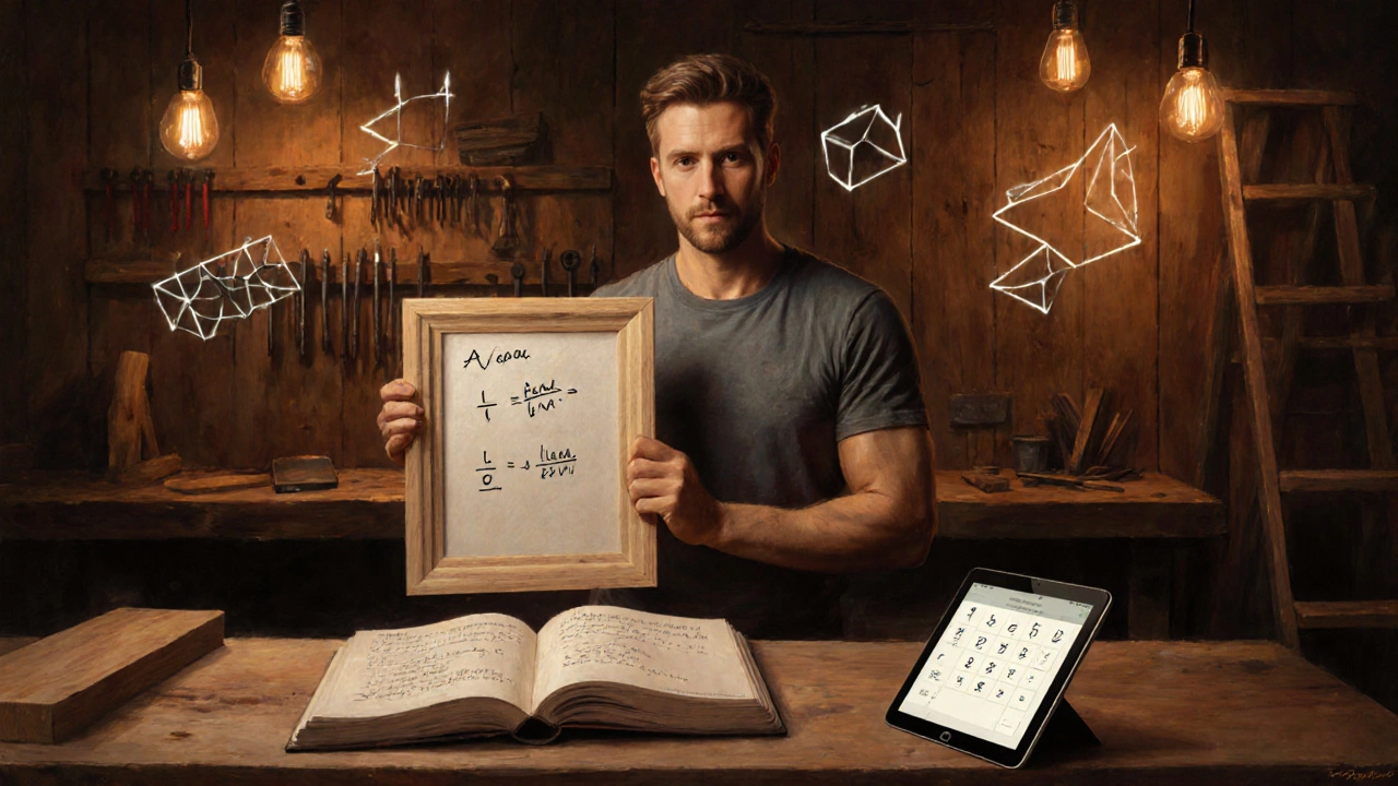 Carpenter holding a perfect picture frame, notebook and tablet suggest math tools in workshop.