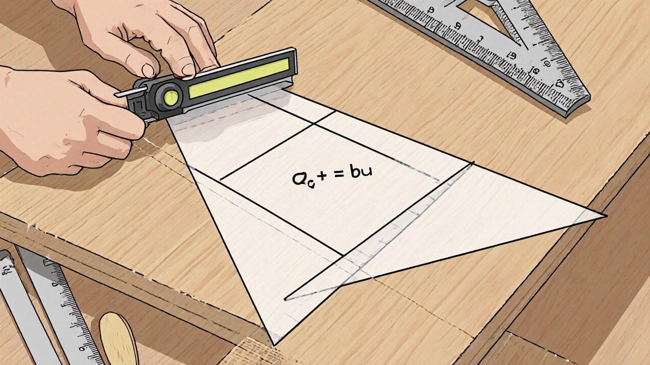 Carpenter marking stair stringer using a speed square, triangle overlay shows Pythagorean theorem.
