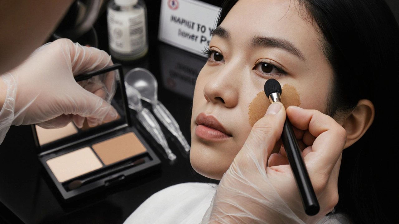 Close‑up of a student applying makeup with a brush, surrounded by hygiene gear.