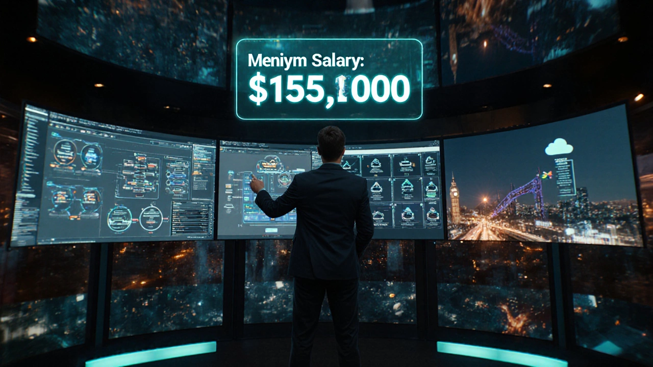 Cloud architect in command center with multi‑cloud dashboards and salary overlay.