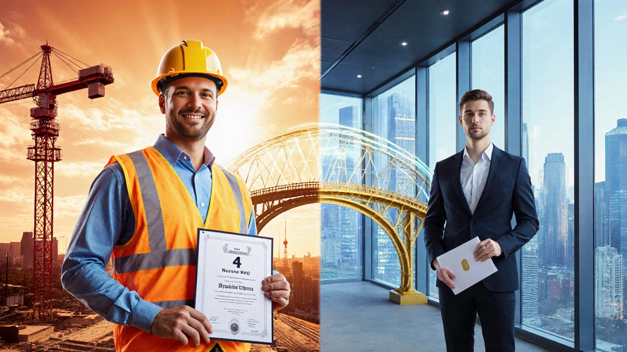 Construction manager with NVQ and office professional with degree linked by a golden bridge.