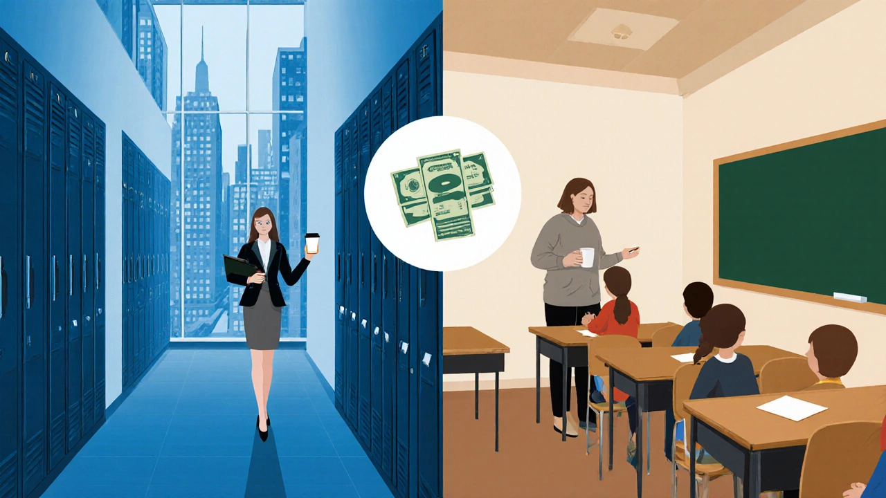 Contrast of a NYC school hallway and a quiet upstate classroom showing differing work environments.
