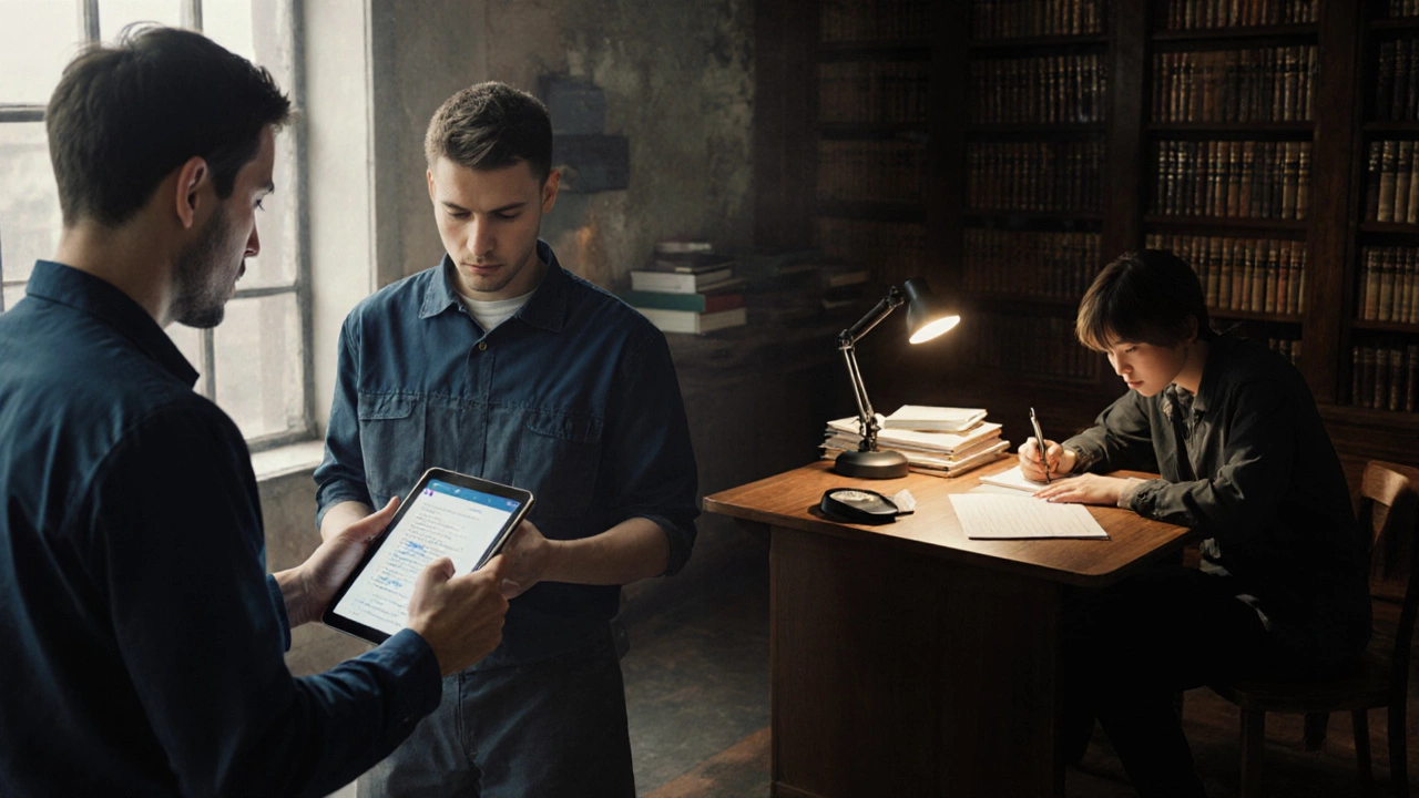 Contrast of an apprentice being observed on the job and a student writing an essay in a library.