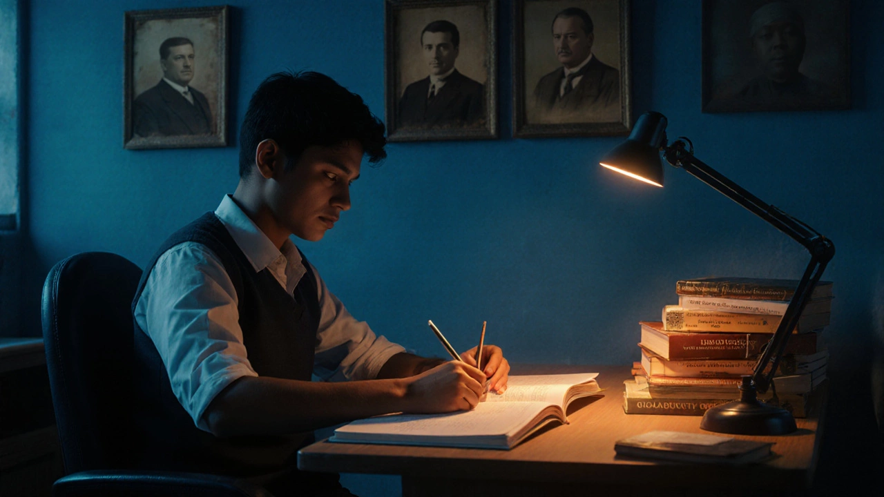 Digital art of a modern UPSC student studying under a lamp with historic portraits.
