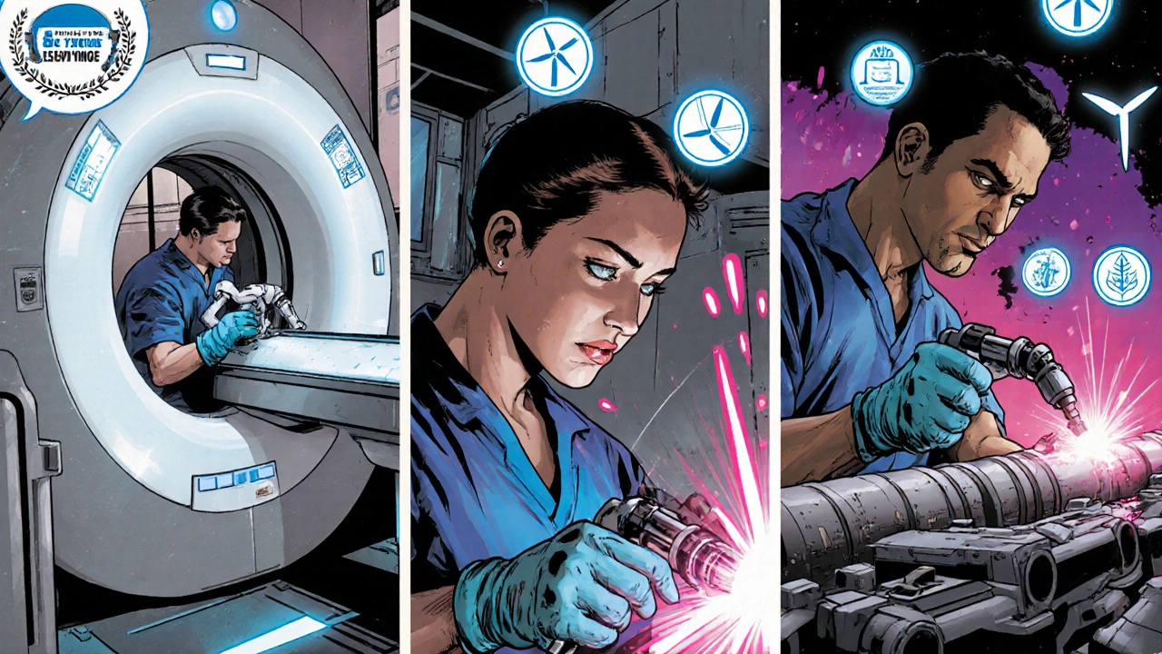 Diverse welders working in hospital, pipeline, and robotics settings with industry icons.