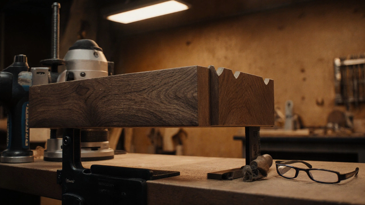 Finished drawer front with perfect joinery on a workbench, tools and safety gear nearby.