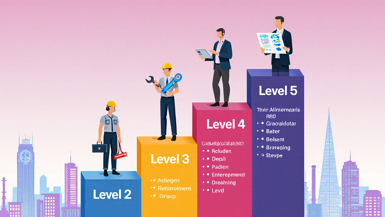 Five occupational silhouettes arranged like a ladder representing NVQ Levels 1‑5.
