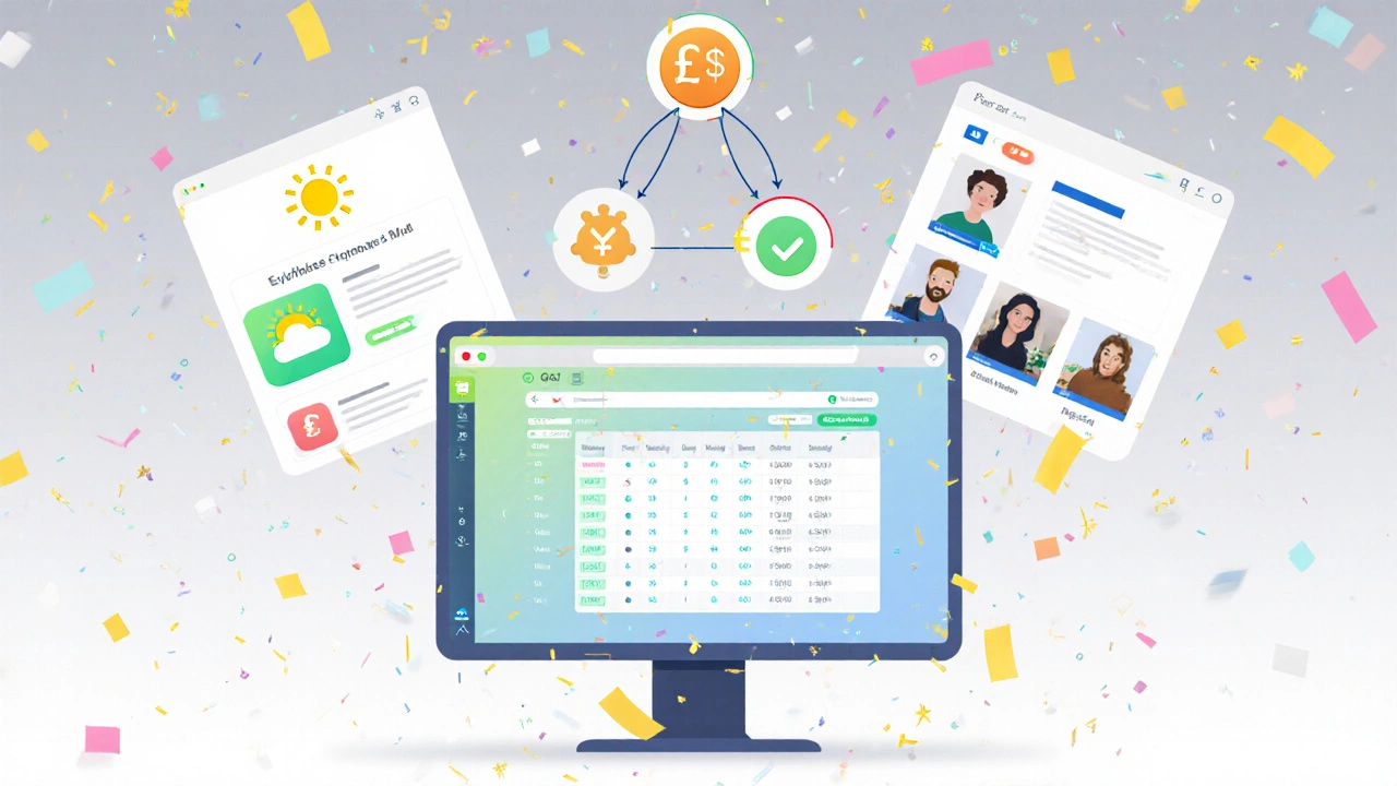 Flat illustration of a laptop showing expense tracker, weather notifier, portfolio site, and a Git commit graph with celebratory confetti.