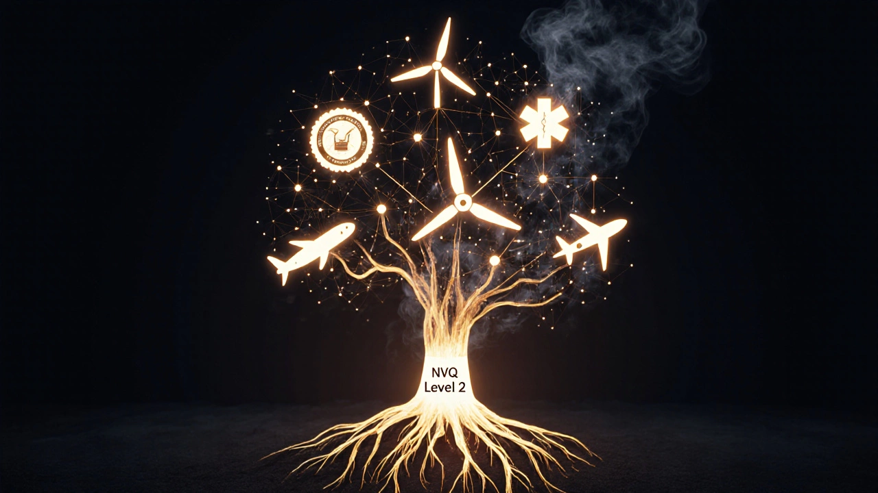 Glowing network of welder symbols forming a tree representing career growth in key industries.
