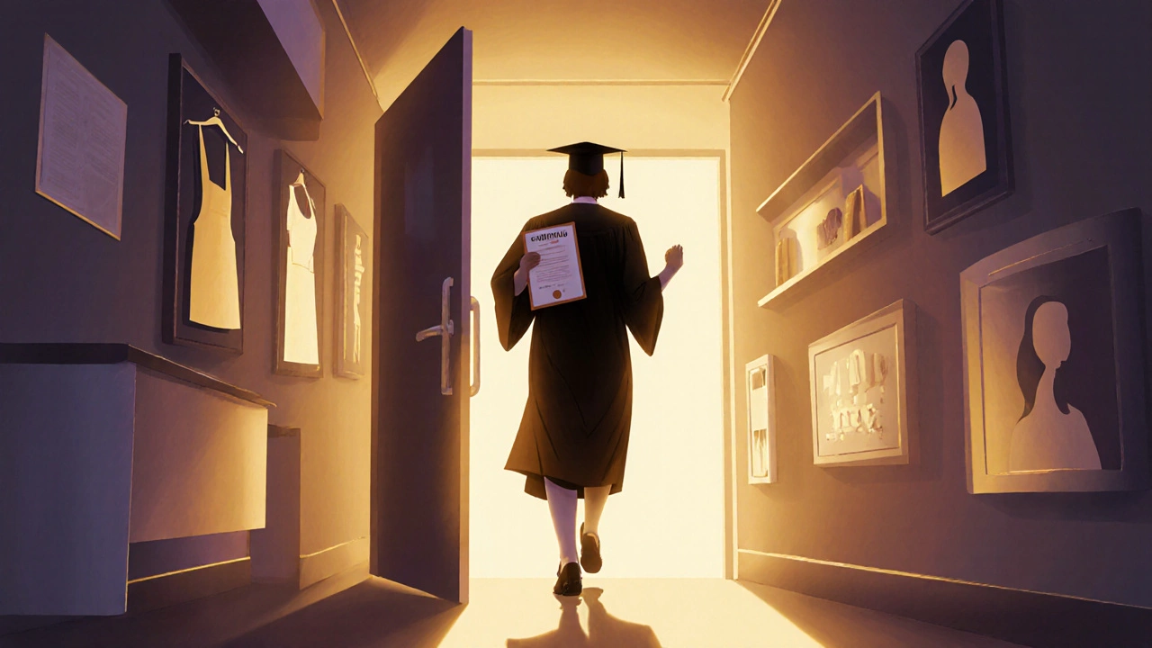 Graduate holding a certificate stepping into a salon corridor with career icons.