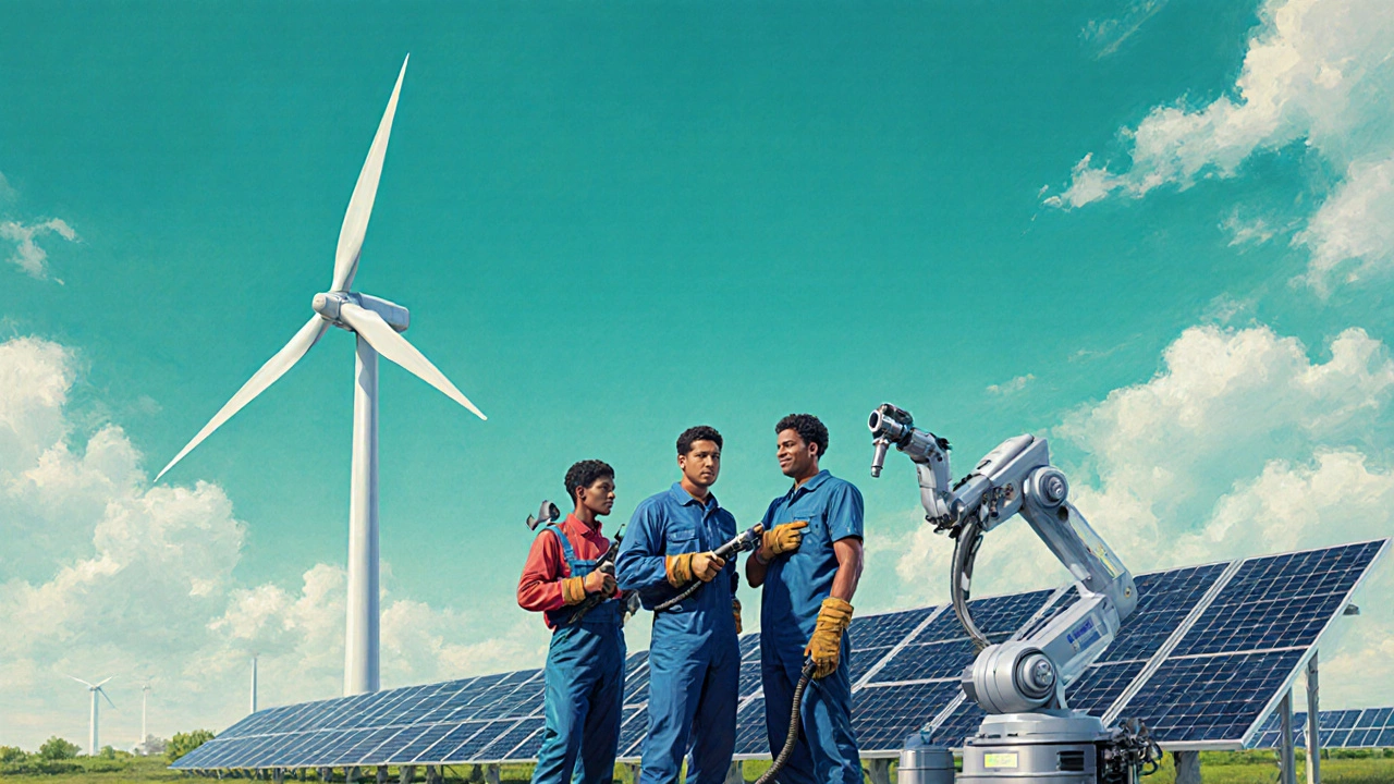 Group of welders beside wind turbine and solar panels, showcasing renewable energy jobs.
