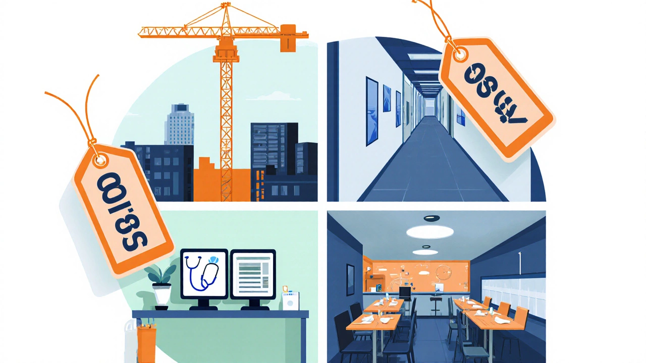 Illustrated comparison of NVQ Level 3 prices for construction, health, IT, and hospitality sectors.
