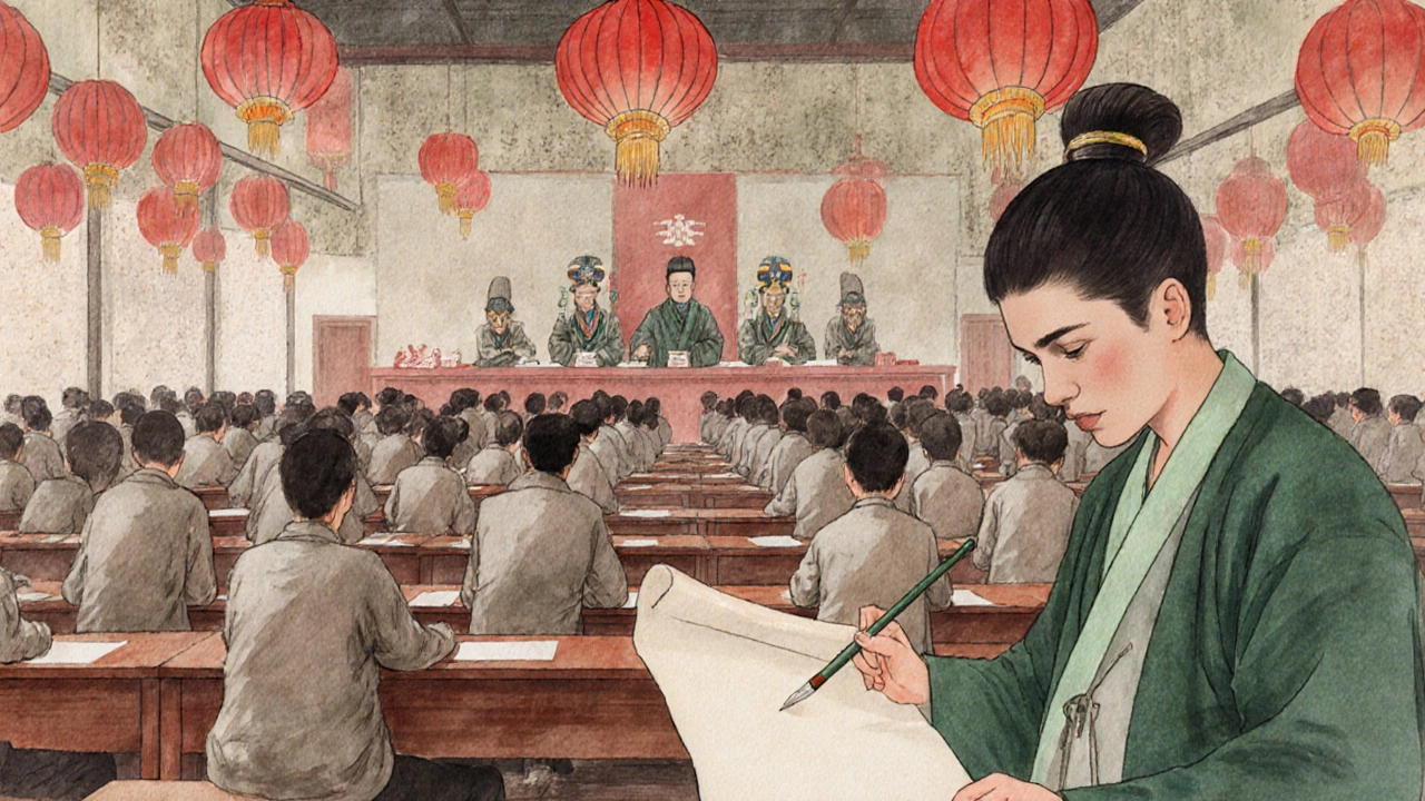 Imperial Chinese exam hall with candidates waiting under lantern light.