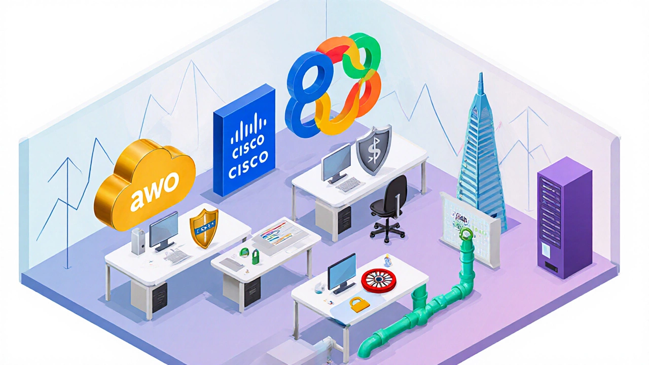 Isometric office showing ten workstations, each with visual symbols for a high‑paying IT certification.