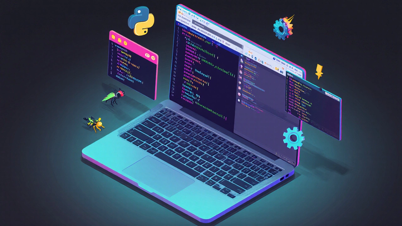 Isometric view of VS Code with Python code, auto‑completion, and Git icons highlighted.