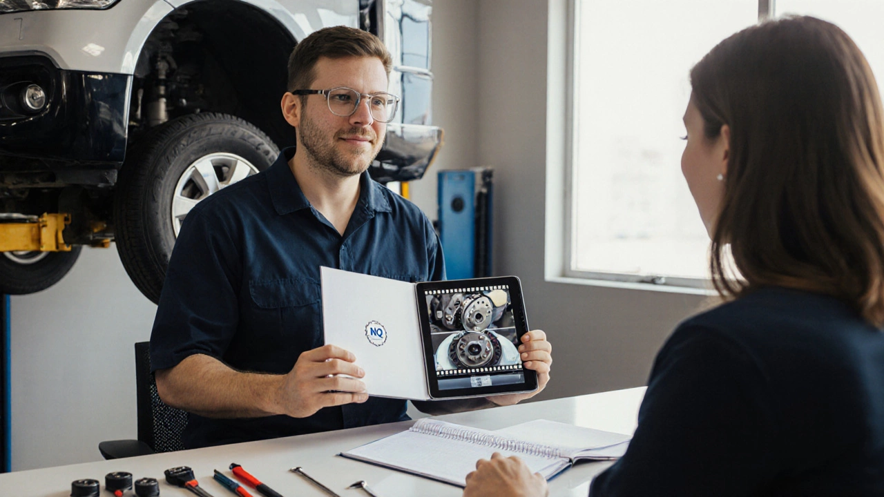Mechanic presenting a portfolio and video reel to a hiring manager in a garage office.