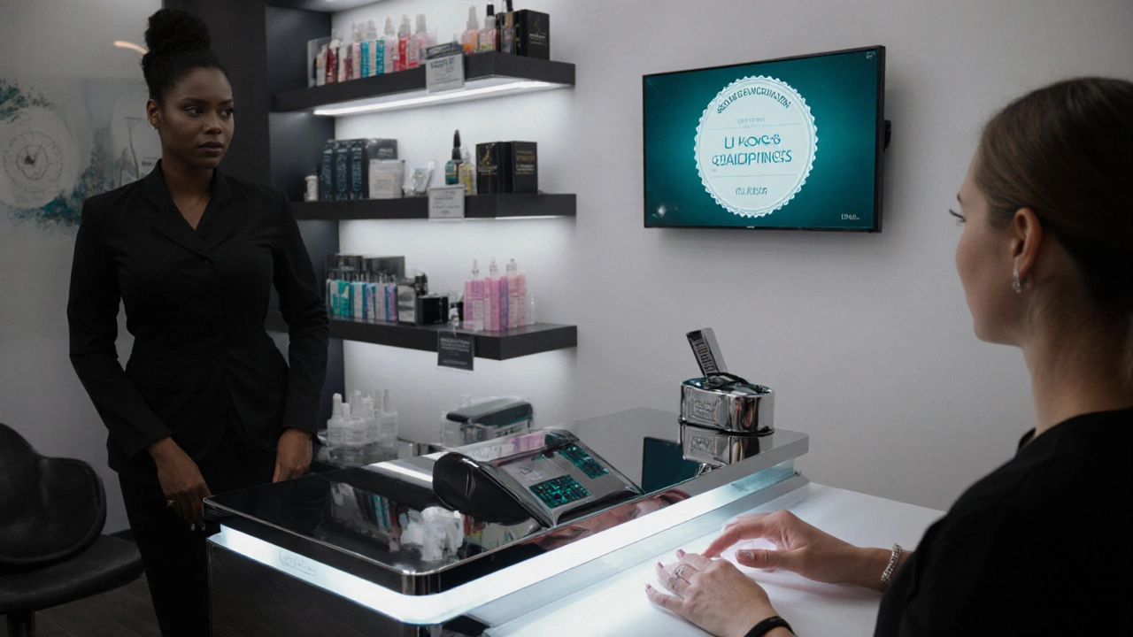 Modern salon interior featuring a dedicated nail station with ventilation and marketing badge.