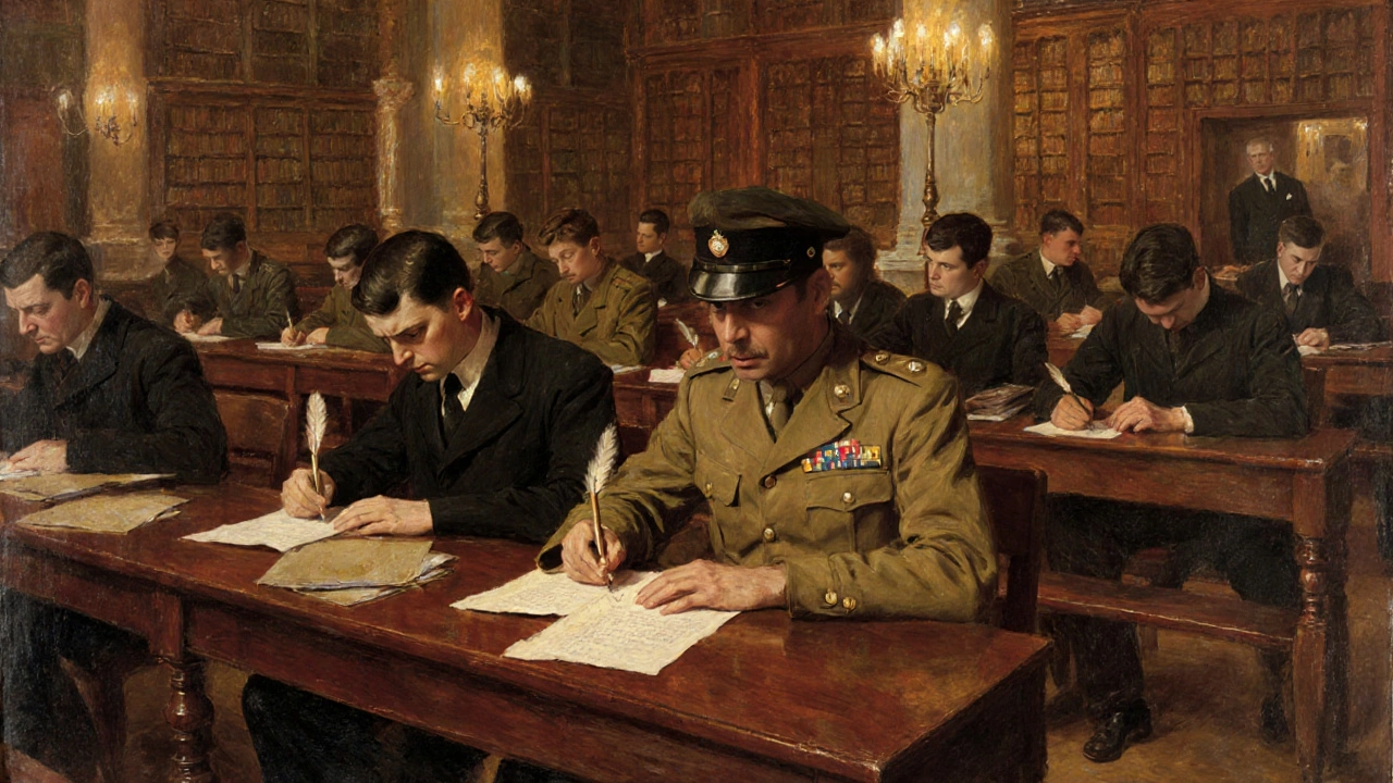 Oil painting of the 1855 London civil service exam hall with an Indian cadet.
