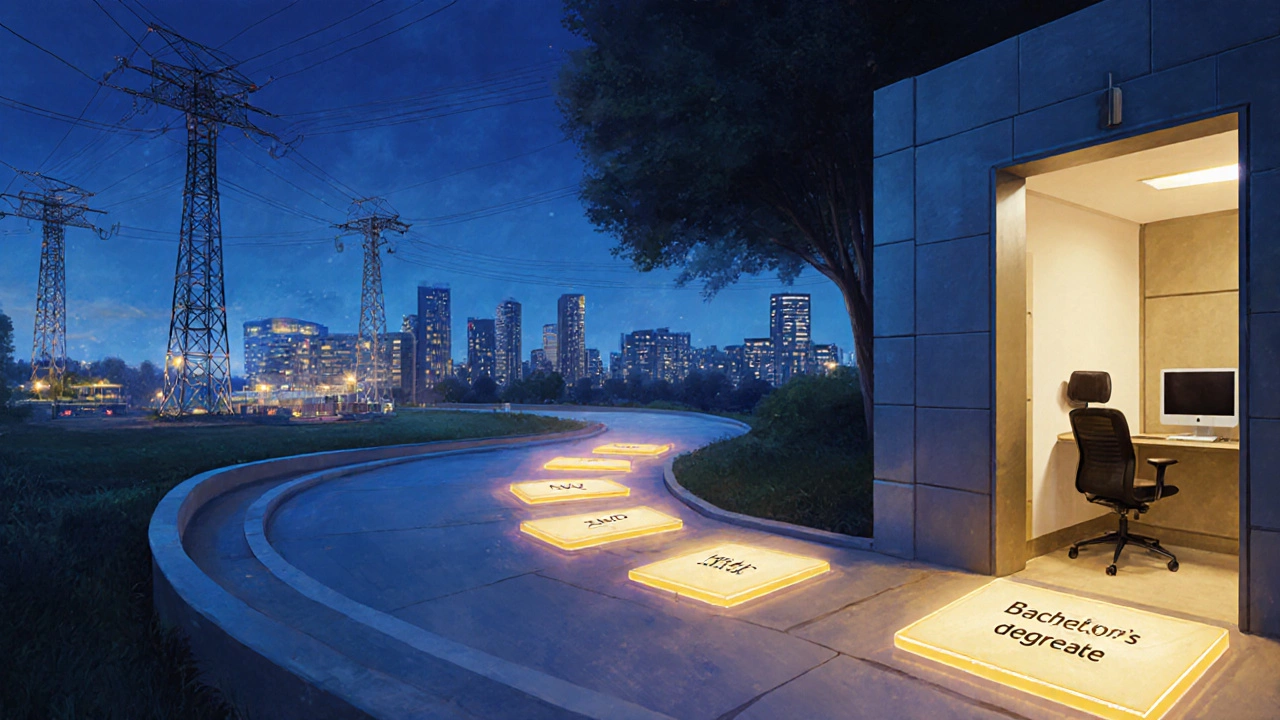Pathway from a job site through a university gate to a corporate office, symbolizing career growth.