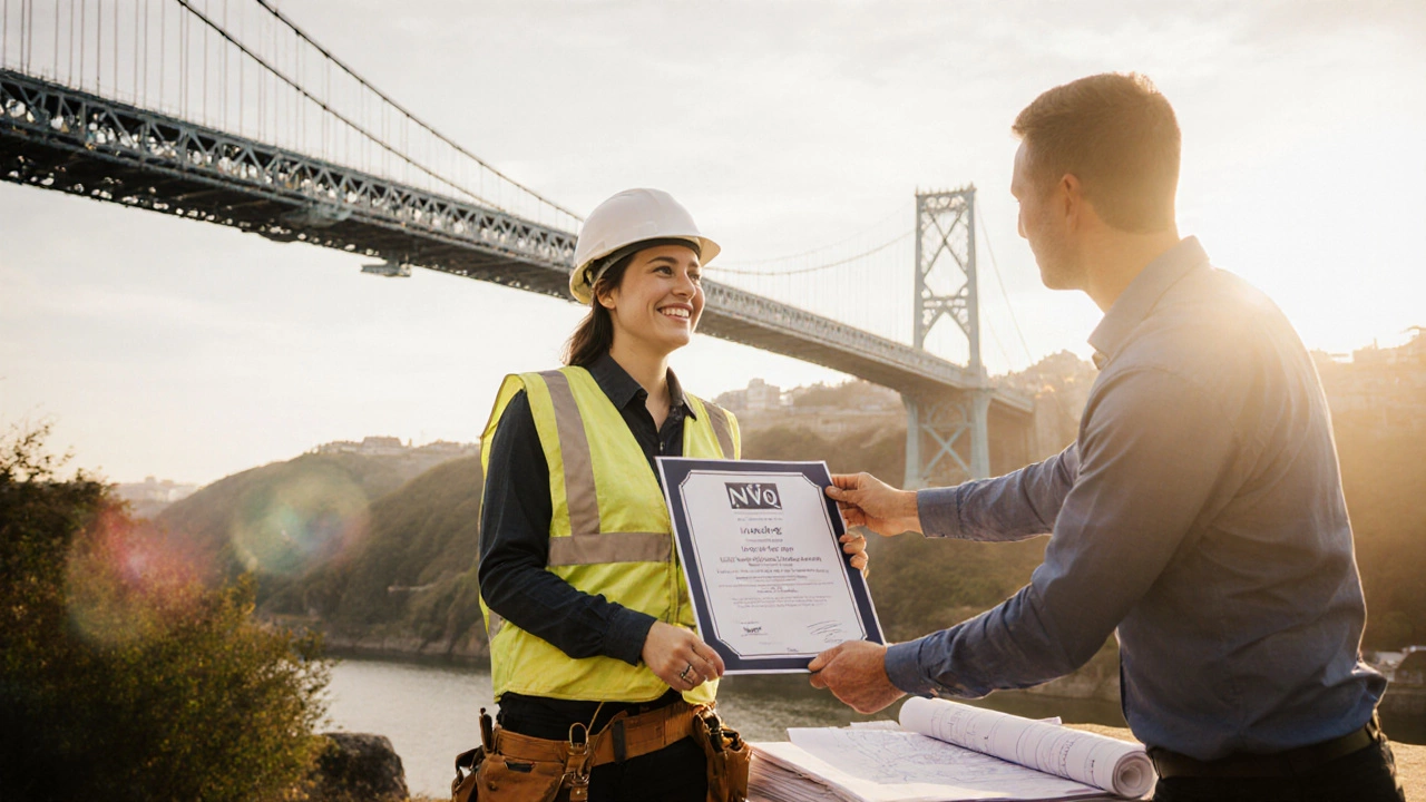 Plasterer receiving NVQ Level 3 certificate in front of Bristol bridge with employer handing a voucher.