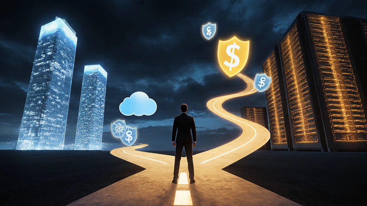 Professional at a forked road with glowing certification icons leading to a bright paycheck silhouette.