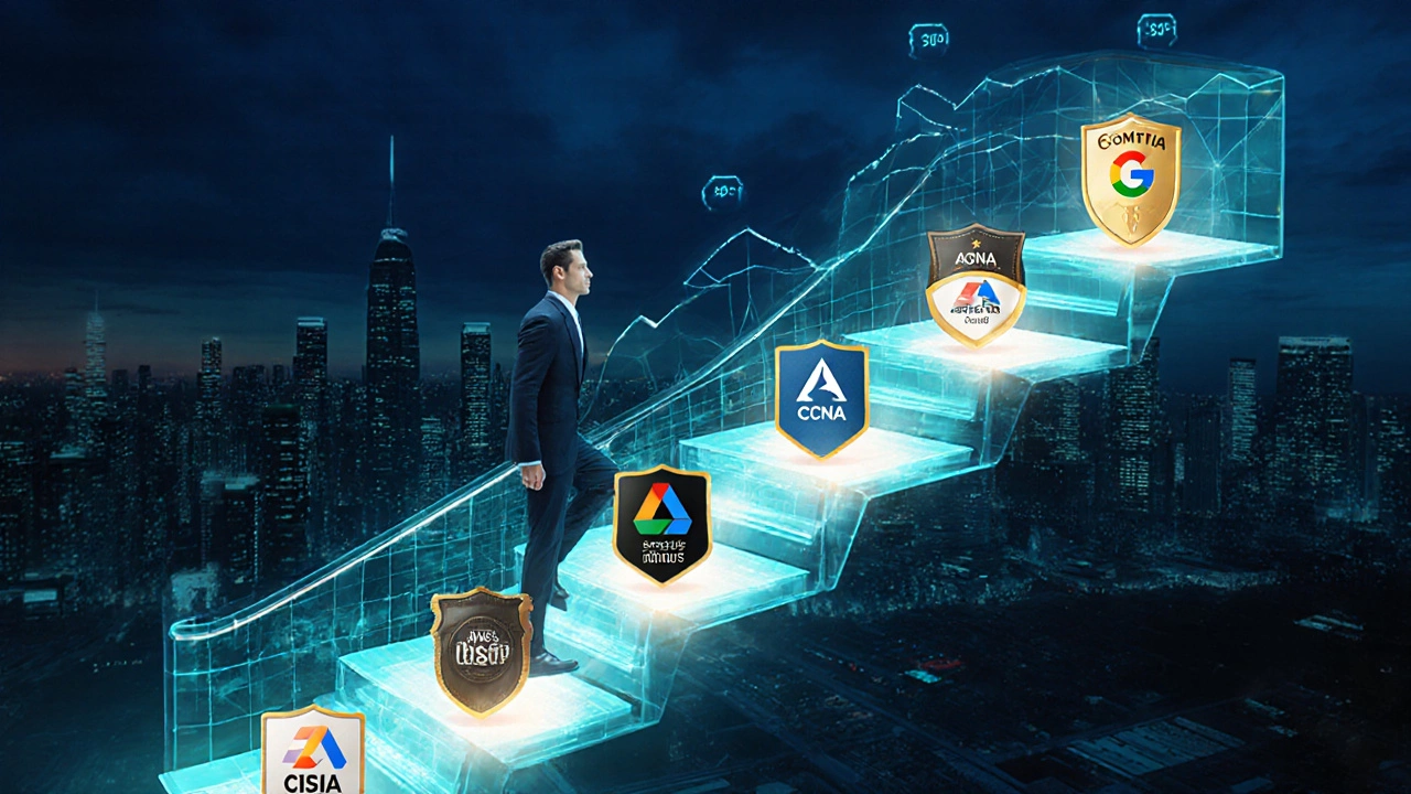 Professional climbing a glowing staircase of certification badges toward a city skyline.