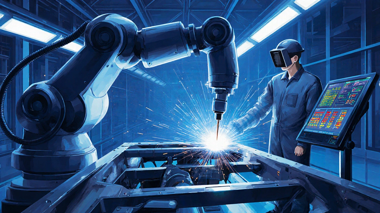 Robotic welding arm and technician monitoring a car chassis in a factory.