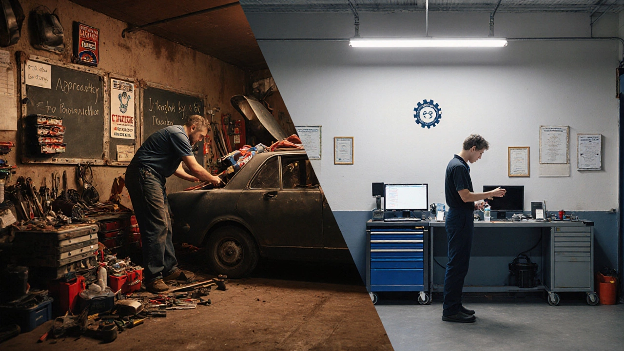 Split scene contrasting a DIY garage with a professional apprenticeship service bay.