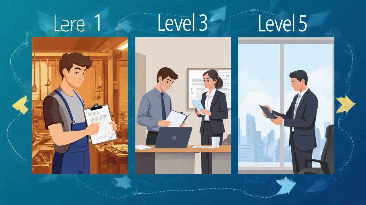 Split‑screen showing NVQ Levels 1‑5 with work logs, portfolio review, and senior manager assessment.