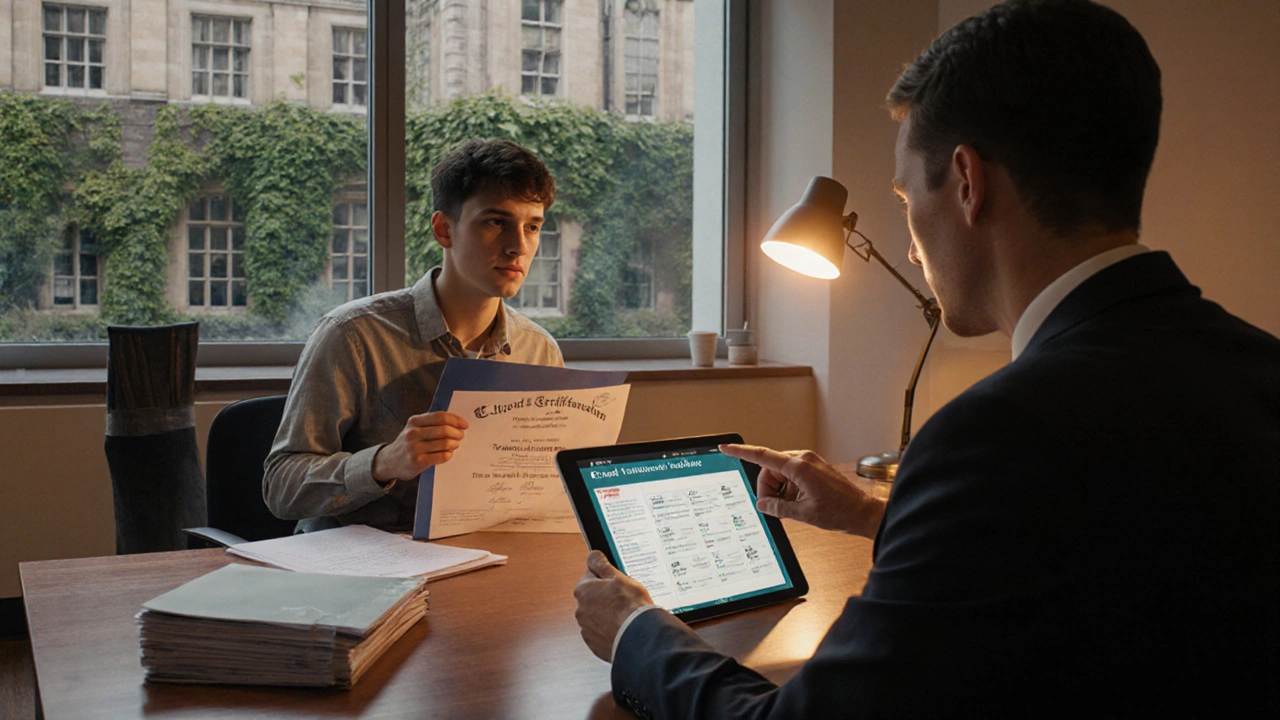 Student and university officer discussing NVV credit transfer over a desk.