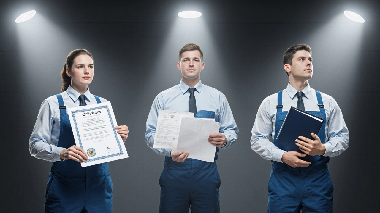 Three workers representing success, struggle, and inaction in NVQ completion.