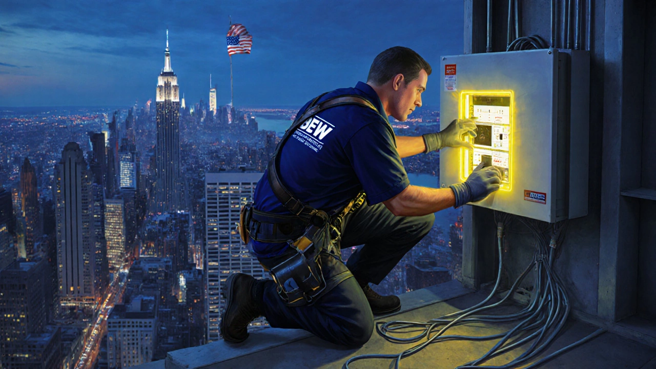 Union electrician inspecting fire‑alarm panel on a high‑rise platform at dusk.