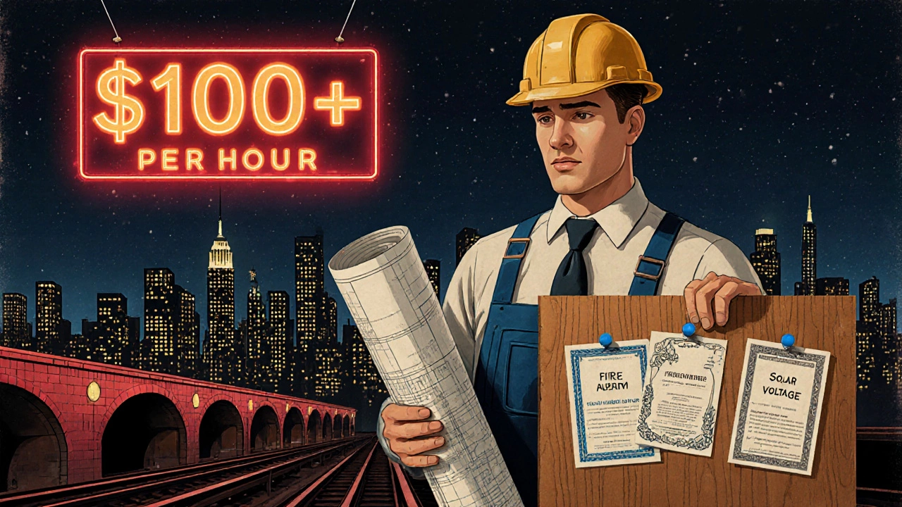 Vintage poster of master electrician with certifications against a night Manhattan skyline.
