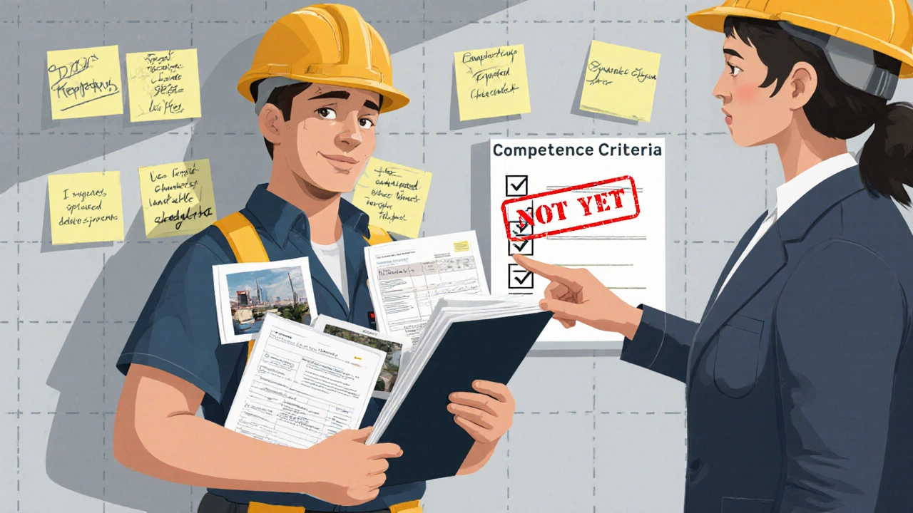 Worker presenting portfolio of evidence to assessor with 'Not Yet' stamp visible.