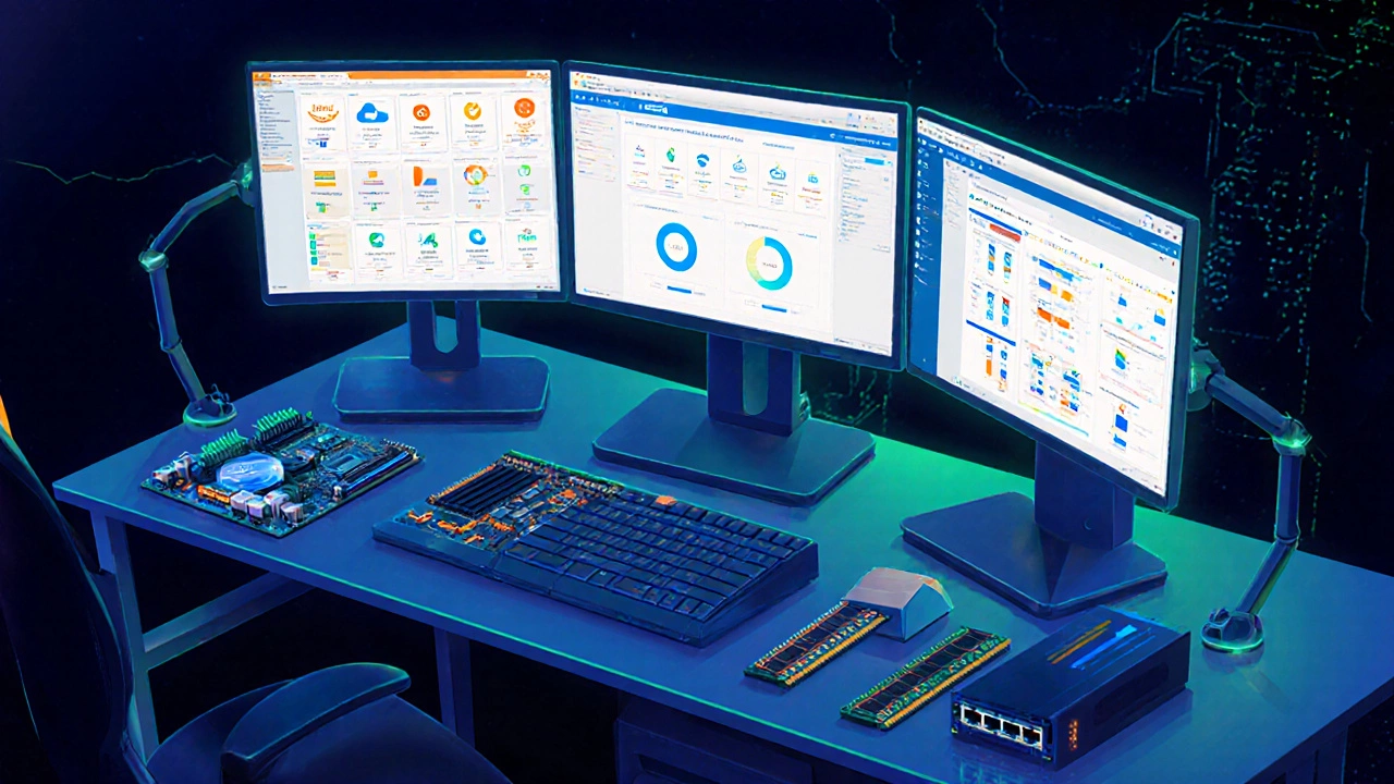Workstation with multiple screens showing cloud and networking labs.