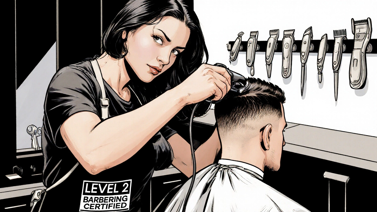 A female barber using clippers to create a precise fade on a client&#039;s head.