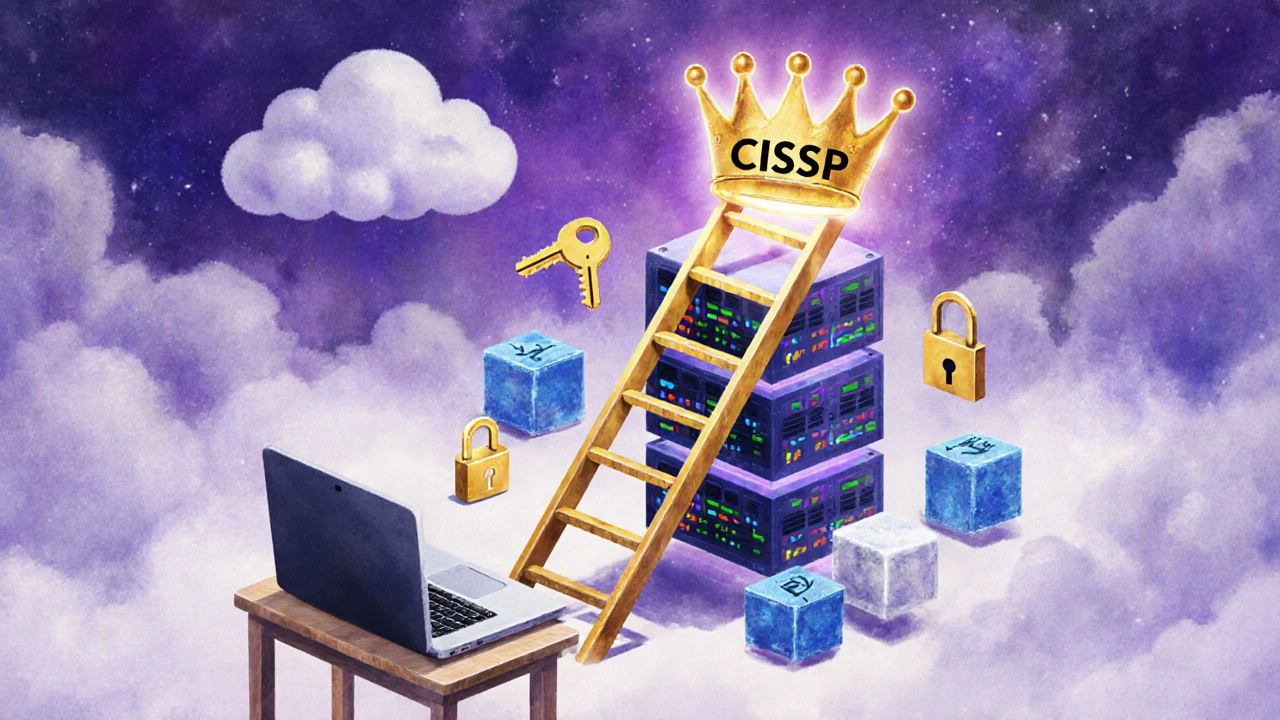 A ladder of cloud servers and code blocks leading to a glowing certification crown.