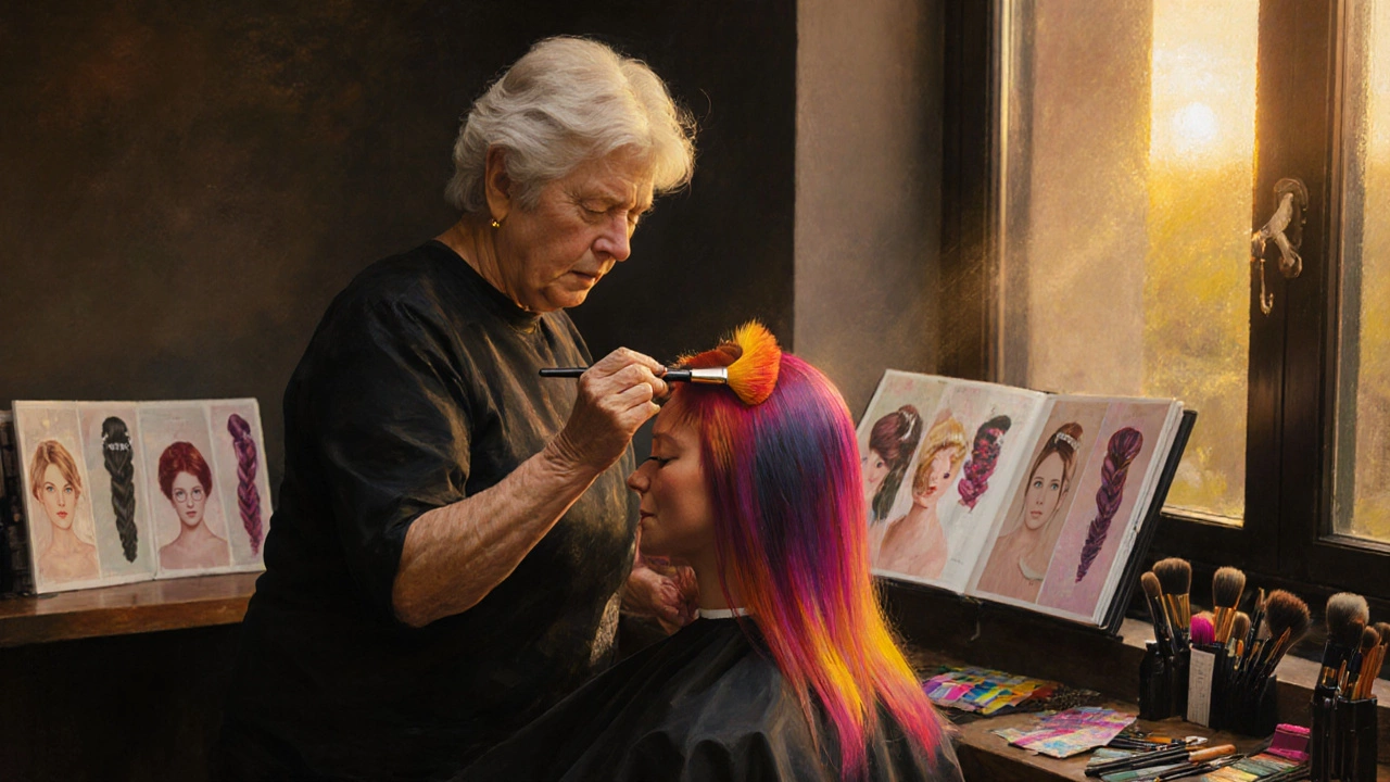 A senior stylist blending hair color with brushes under warm studio lighting.