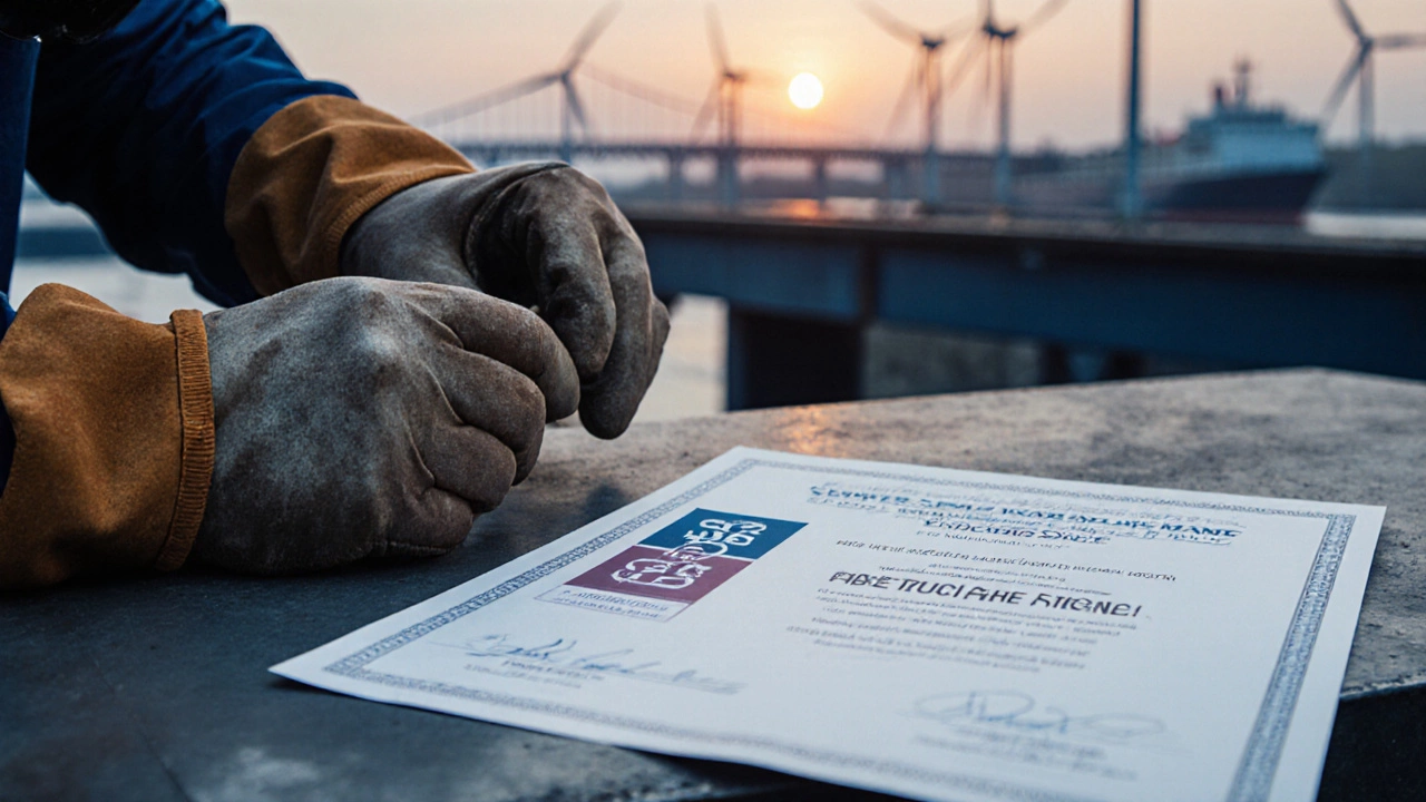 A worn welding glove and certification certificate on a workbench, with industrial structures visible in the distance.