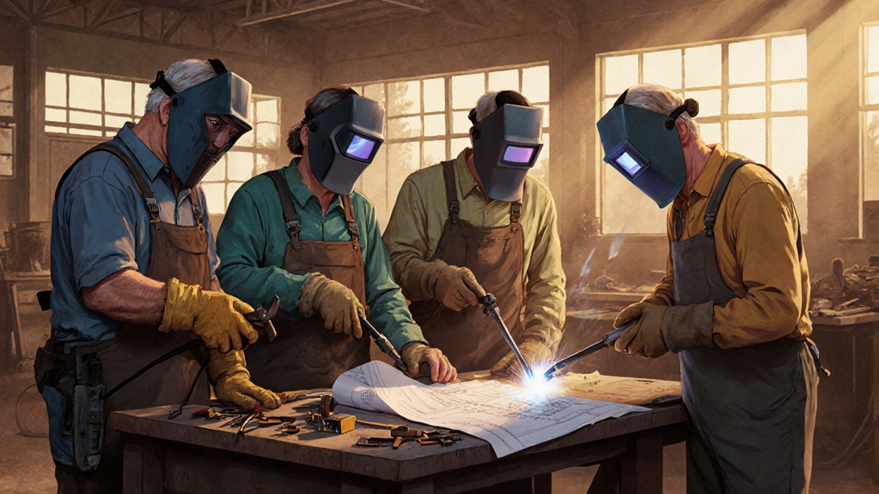 Adult learners of various ages practicing welding in a workshop, some with medical supports, all engaged in their craft.