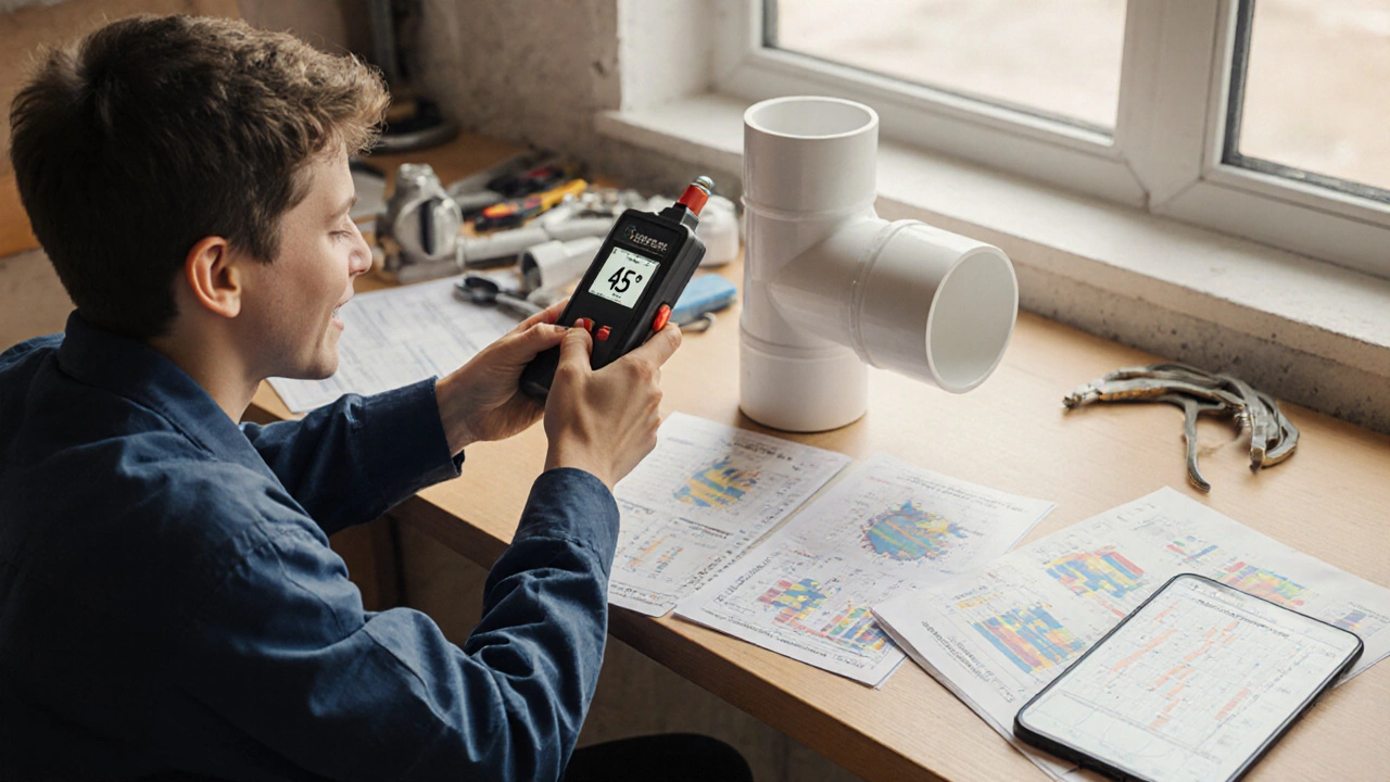 Apprentice using a digital angle finder to measure a pipe bend with reference charts nearby.