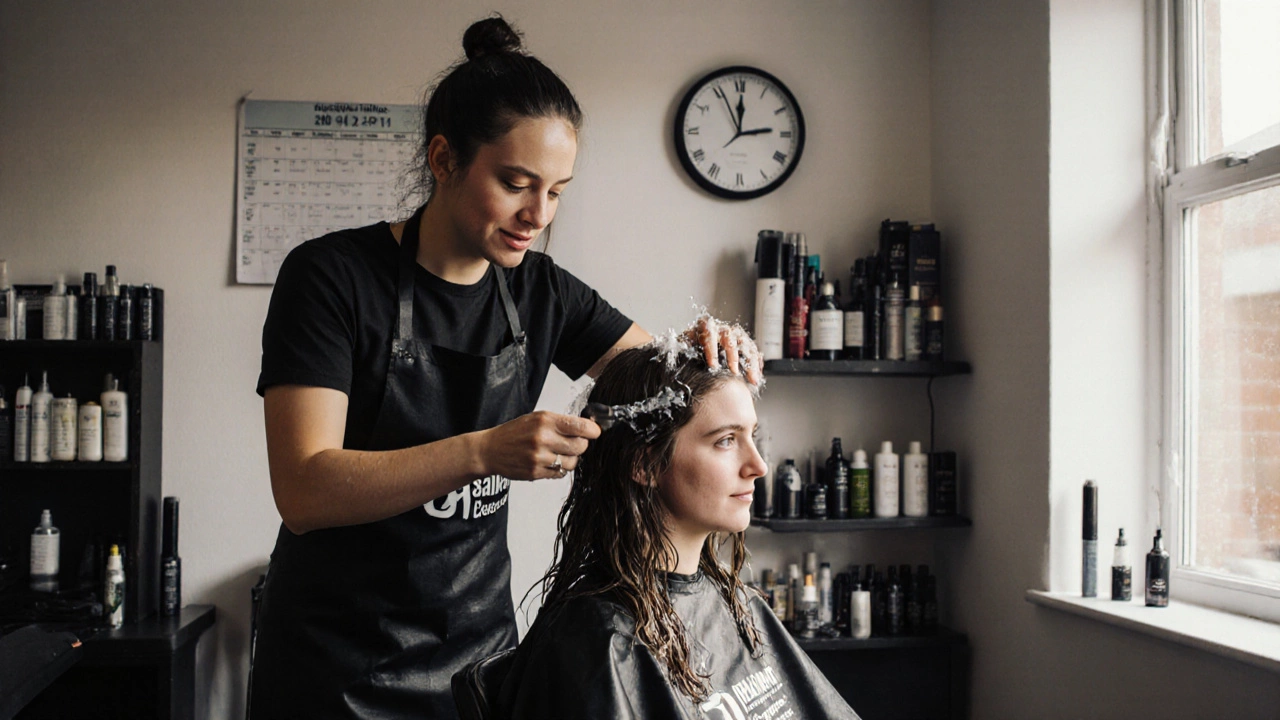 Apprentice washing hair in a salon while senior stylist demonstrates a haircut.