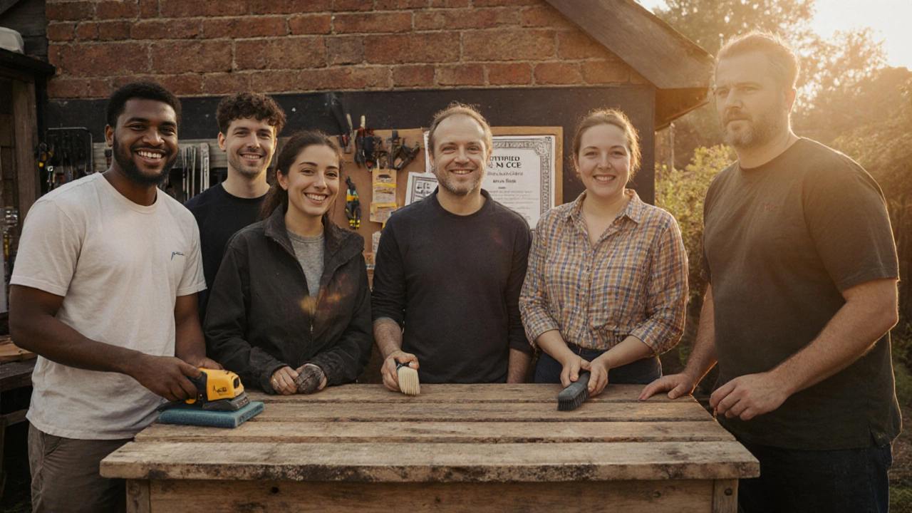 Group of students smiling beside a wooden garden bench they built in class