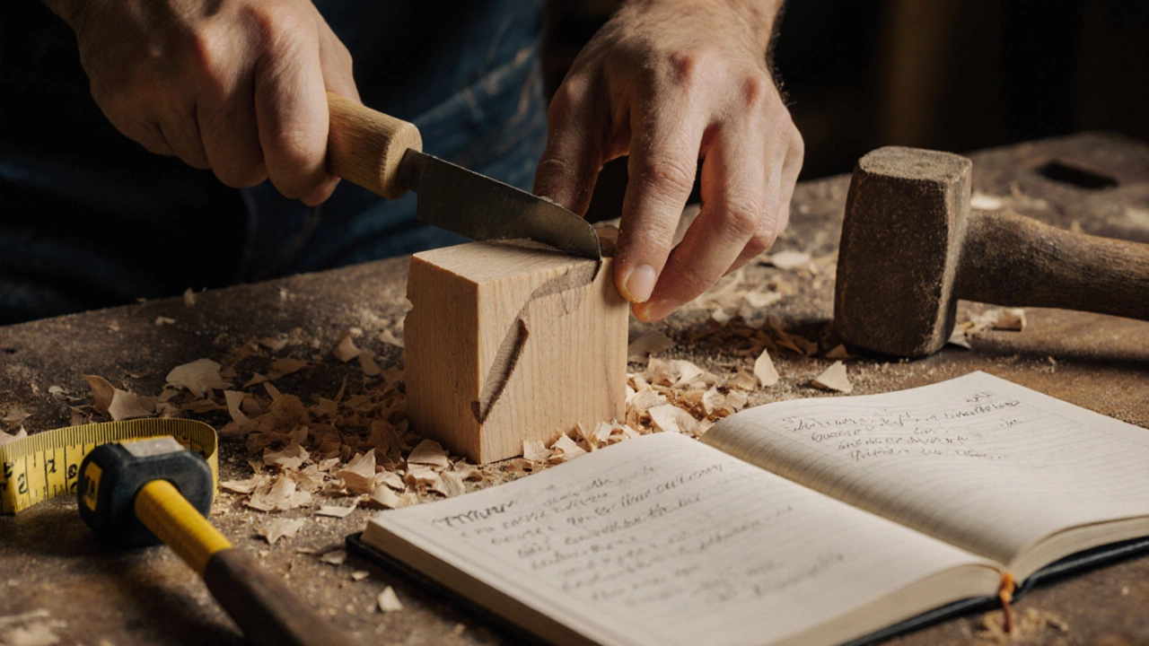 Hands crafting a mortise and tenon joint with wood shavings on a cluttered bench