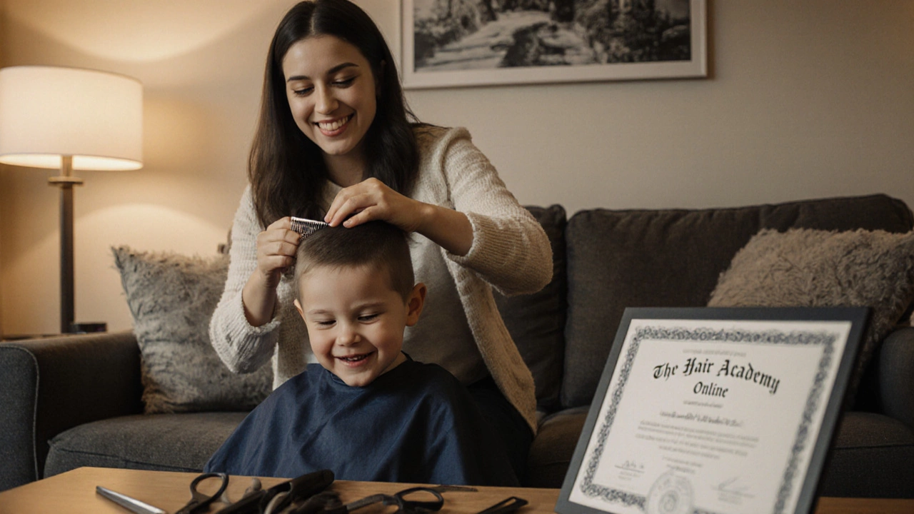 Mother giving her son a haircut at home, smiling, with certification on the table.
