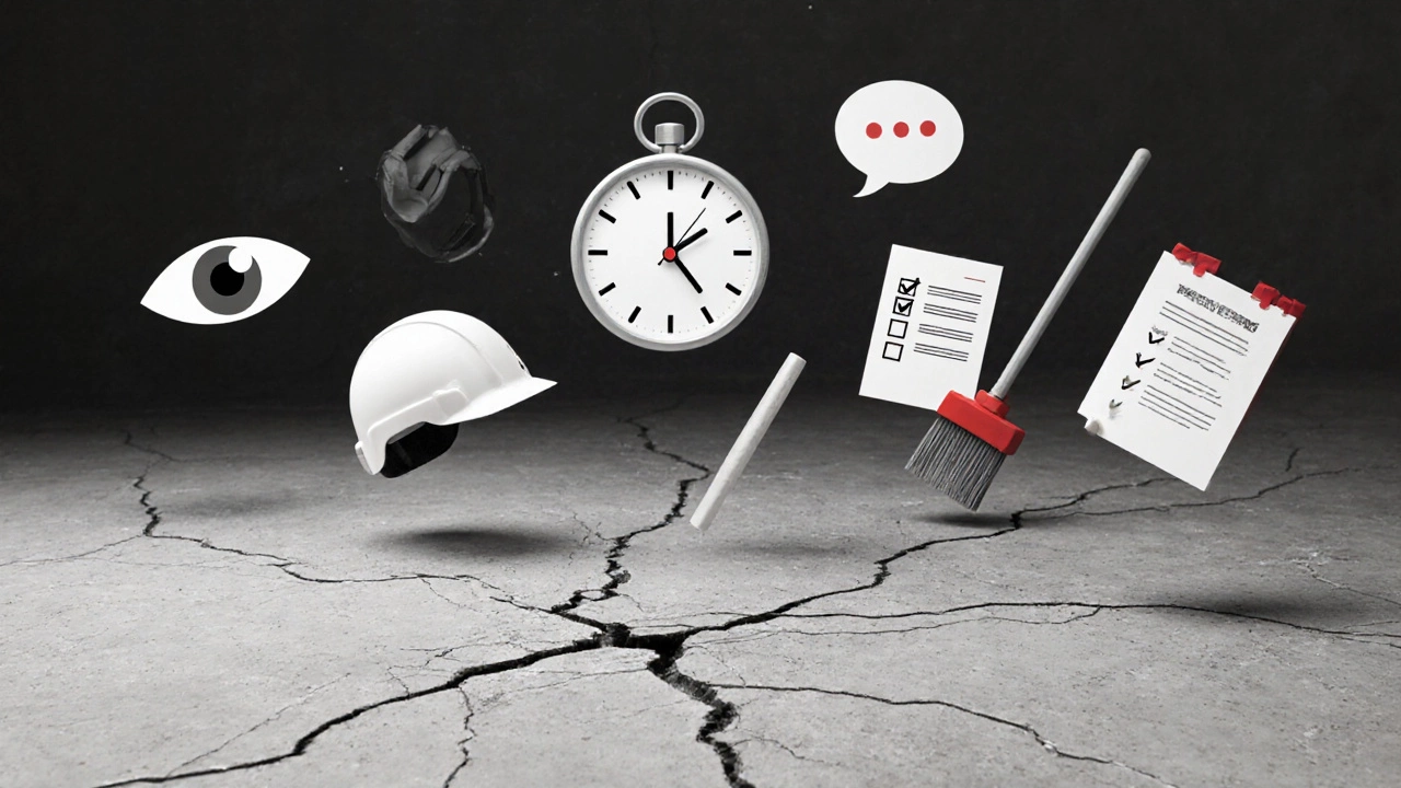 Seven safety steps represented as floating icons above a cracked floor.