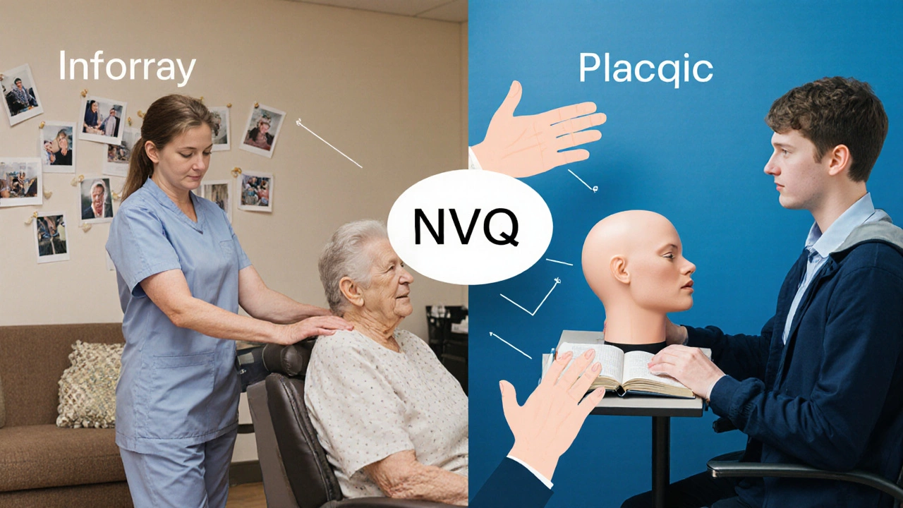 Side-by-side comparison of real-world care work versus classroom hairdressing training.