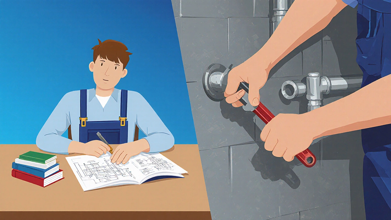 Split scene of student in classroom and plumber on job site.