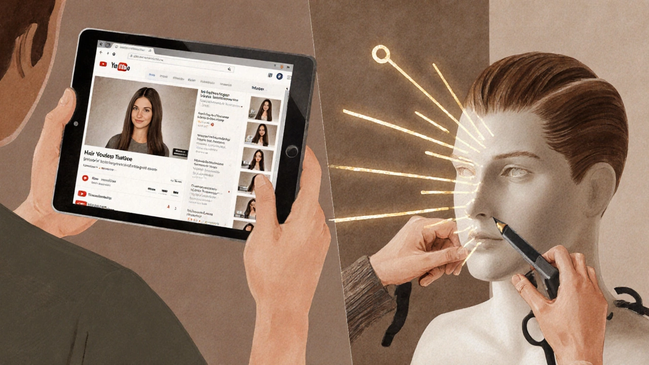 Split-screen illustration of learning hair cutting from a tablet versus practicing with tools.